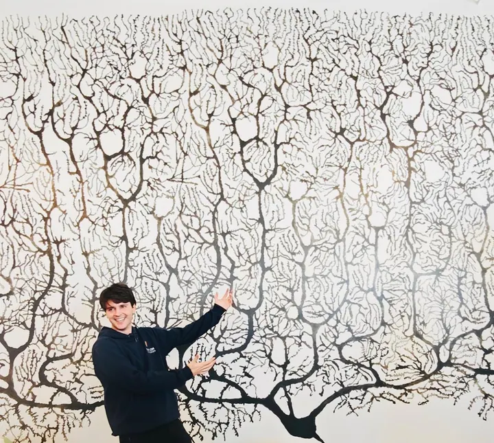A team member gestures toward a wall covered in branching neuron illustrations.